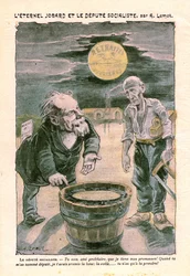 Socialist deputy promising the moon (retirement) to a poor proletarian (carpenter), in Le Pelerin, Catholic weekly N°1391 of 30 August 1903 (drawing by A. Lemot)