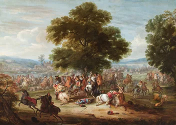 A Cavalry Engagement in a Wooded Landscape, a Bridge in the Distance