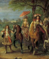 King Louis XIV and Queen Marie-Therese of Austria walking in front of the castle of Vincennes in 1669. (detail) Painting by Adam Frans Van der Meulen
