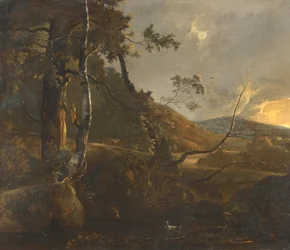 A Wooded Landscape with a Herdsman on a Path and a Lone Goat