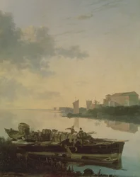 A Wooden Barge on the River by Sunset