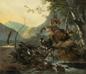An Italianate Landscape with Two Donkeys Crossing a Collapsing Bridge