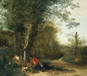 Peasant Playing with His Dog While Resting at the Edge of a Wood