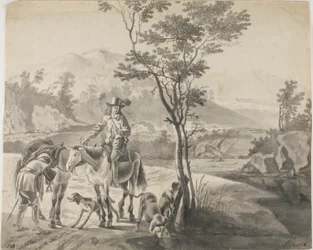 Riders and Dogs in Rocky Landscape