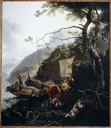 Sailing boat mooring on the beach of a lake, c.1660
