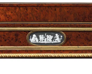 Late Louis XVI ormolu and cameo-mounted burr yew wood and mahogany table travailleuse