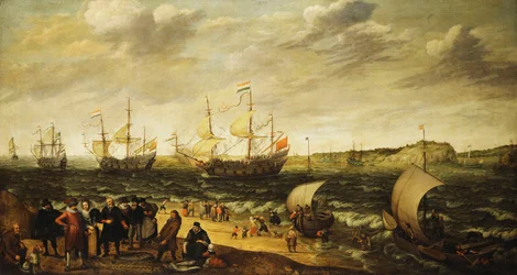 Men-of-War Sailing Out of an Estuary with Figures in the Foreground
