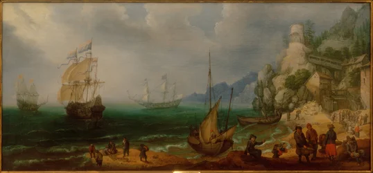 Rocky Coastal Landscape with Sailing Ships and Fishermen