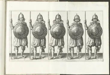 Exercise with Shield and Spear: Five Soldiers Standing in Line with Spear in Right Hand Resting on the Ground and Shield in Front of Chest, 1618 (De Nassausche Wapen-Handelinge)