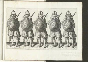 The Exercise with Shield and Spear: Five Soldiers Standing Side by Side in Formation with the Rapier in the Right Hand and the Shield in Front of the Chest, 1618