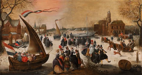 Winter Landscape with Elegant Skaters on a Frozen Lake