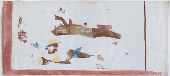 Copy of a wall painting from small chamber, Acanceh, Mexico Pencil lines, watercolour In three parts