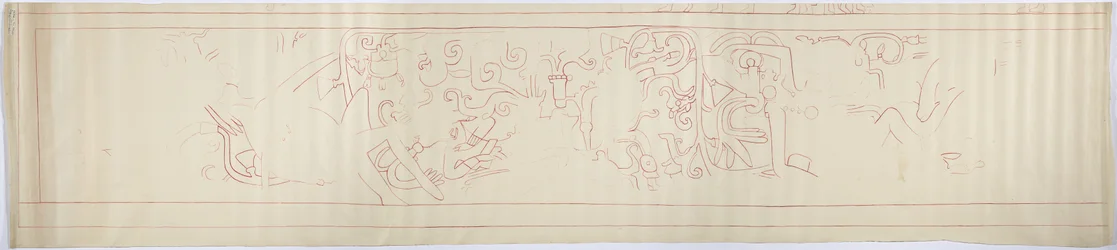 Outline Tracing of a Wall Painting from the West Wall, Upper Temple of the Jaguars, Chichen Itza, Mexico