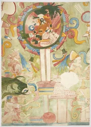Painting depicting part of the southern panel of the west wall, Upper Temple of the Jaguars, Chichen Itza, Mexico