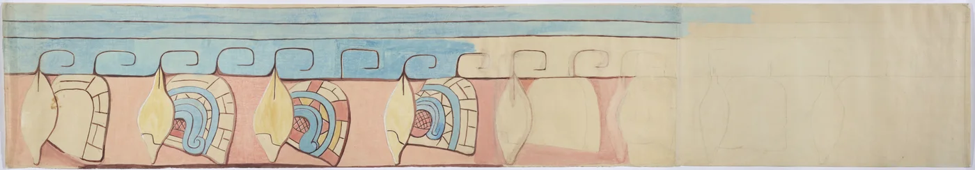 Painting of the upper register of the stucco frieze at Acanceh, Mexico