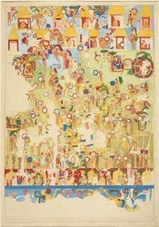 Quarter-scale copy of a wall painting from the south wall of the Upper Temple of the Jaguars, Chichen Itza, Mexico