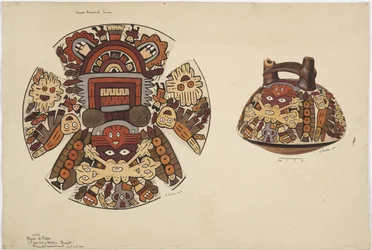 Round-bottomed squat vessel with painted decoration of fantastical feline and double spout handle