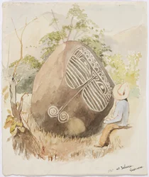 Stone relief - Jaleaca, Guerrero, Mexico Showing a man looking at a large round stone which has incised decoration in a 