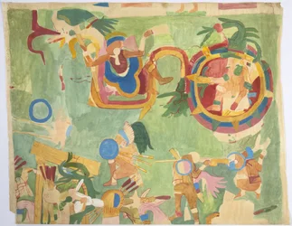 Tracing of a wall painting from the inner chamber, Upper Temple of the Jaguars, south wall, Great Ball Court, Chichen Itza, Mexico