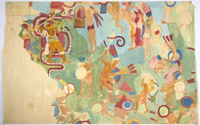 Tracing of a wall painting from the inner chamber, Upper Temple of the Jaguars, south wall, Great Ball Court, Chichen Itza, Mexico