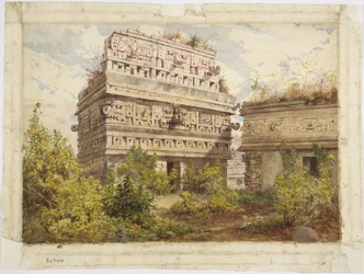 Ruins from Chichen Itza, Yucatan, Mexico Depicts west facade of the Iglesia