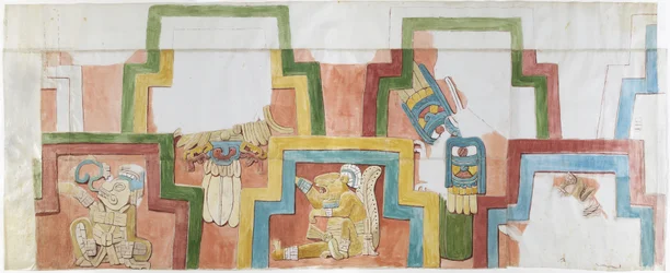 Watercolour copy of the stucco facade of the temple on the pyramid at Acanceh Figures 1-5