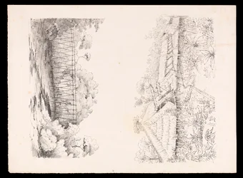 Village of the Stang tribe, Sarawak, Borneo; and a bridge of poles over a river from West Indies, North American and Borneo scrapbook, c.1845