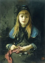A Young Girl Knitting