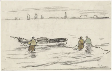 Three Men Standing in Water Pulling a Sailboat to Shore