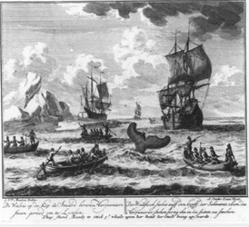 “The whale with its head down, its tail up, harpooners stand ready to lance” (no. 5 from the whaling series)