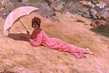 Girl Lying on the Beach with a Pink Parasol