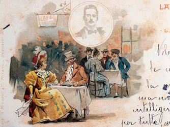 Postcard created on occasion of premiere of opera La Boheme, depicting scene from second act