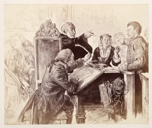 Adam Speaks to Veit During the Trial, with Clerk Licht Dipping the Pen, Judge Sneezing, from Heinrich von Kleist