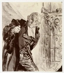 Adam, standing to the right beside a tiled stove, puts on his judge