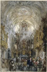 View into the Collegiate Church of Our Lady at the Old Chapel in Regensburg, with People at the Holy Water Font in the Right Foreground