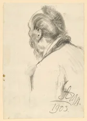Bust-length portrait of a bearded man facing left, half seen from behind
