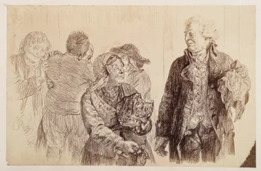 The judicial councillor, holding the handkerchief in his right hand, exchanges the final words with the sulking Marthe. Behind Marthe, Eve and Ruprecht exchange a kiss of reconciliation, for Heinrich von Kleist