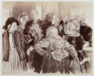 Old Brigitte with the wig in the courtroom. Licht, hat in hand, pushes through the parties to introduce the old woman to the councillor, for Heinrich von Kleist