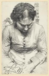 Woman with Cap Sitting in Armchair, Head Slightly Bowed