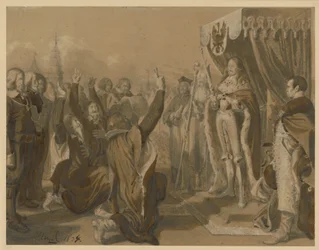 Frederick William, Elector of Brandenburg, receives the hereditary homage of the Prussian estates at Königsberg on 18 October 1663. Design for “Memorabilia from Brandenburg-Prussian History”