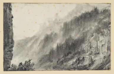 Mountain Landscape with Billowing Mists, a Rising Rock Face on the Left