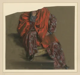 Drapery study of a male figure seated en face in a long flowered robe with a red wrap