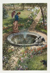 A Woman Walking around a Fountain in the Spa Garden in Kissingen