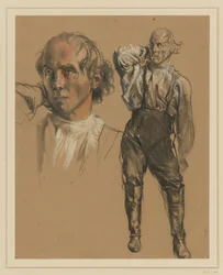 Man in Shirt, Trousers and High Boots, Standing en Face, Touching the Back of His Neck with His Right Hand, Looking Left, Left: Larger Head Study