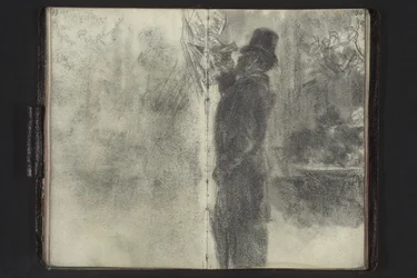 Man with top hat and umbrella examining notes hanging on the wall
