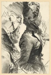 Woman Looking Up to the Right Wearing a Hat, Half-Length Profile Figure, Two Studies