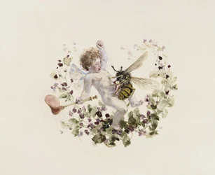 Tableware: soup tureen, lid with putto and wasp