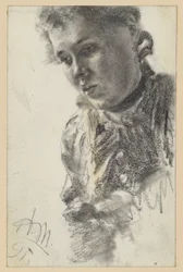 Bust portrait of a woman facing left, head inclined forward
