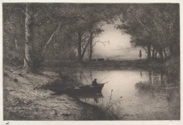 A Fisherman in a Wooded Pond at Evening