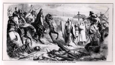 St. Loup defending the city of Troyes against Attila the Hun on his Horse, illustration from a history of France, 2nd half 19th century